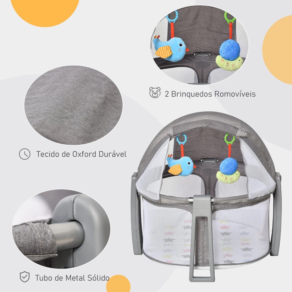 Berço dobrável e portátil para viagem com bolsa de transporte coberta removivel carga 15 kg 70x74x78 cm cinza