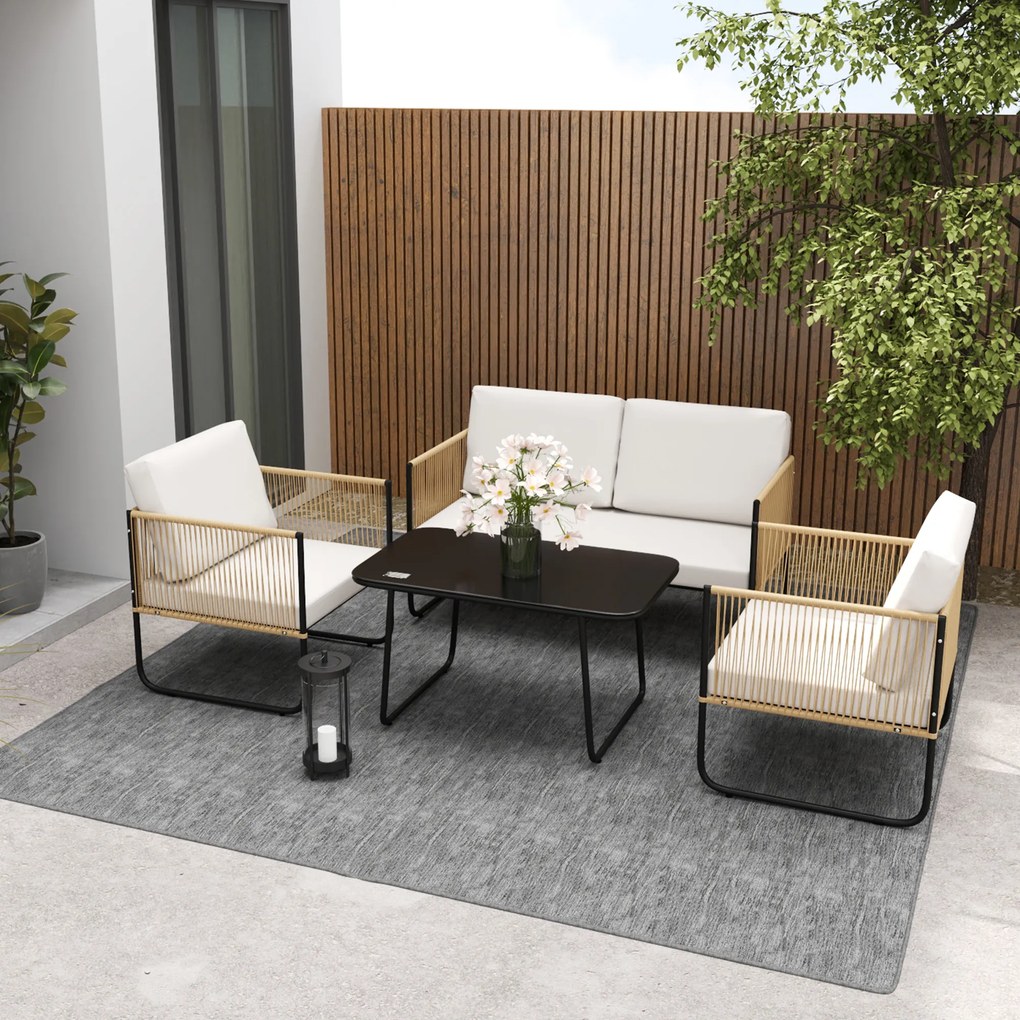 Conjunto de jardim de 4 peças com sofá de 2 lugares, 2 poltronas, 1 mesa de centro de vidro e almofadas – branco creme