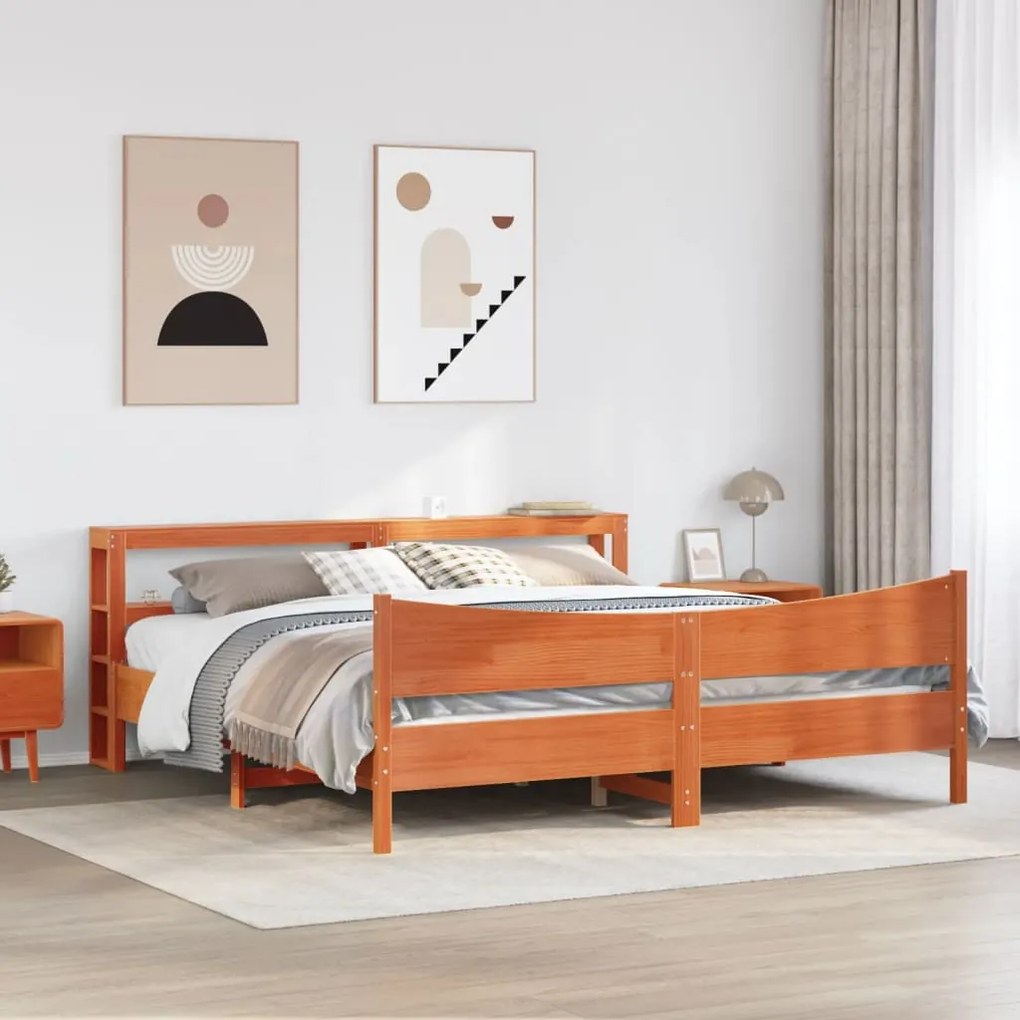 Estrutura cama c/ cabeceira 200x200cm pinho maciço castanho-mel