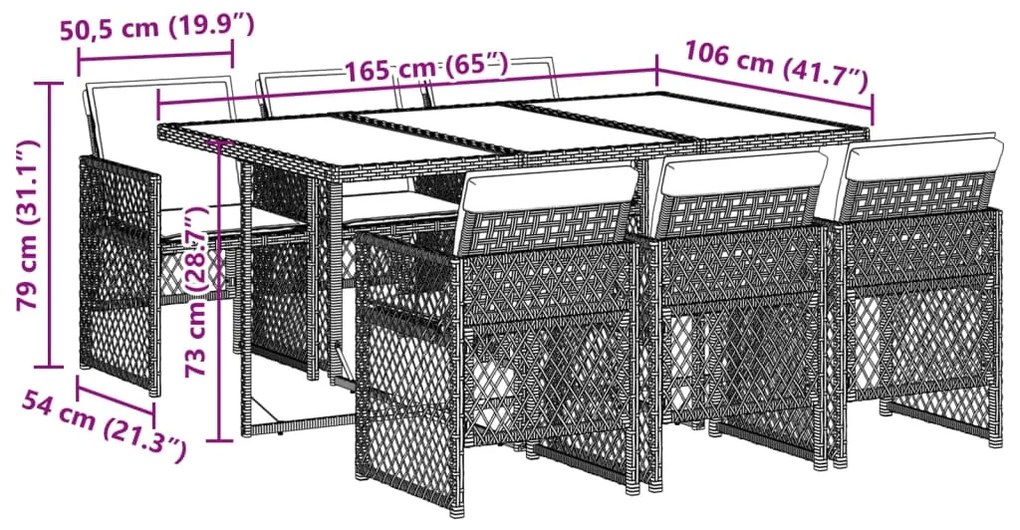 7 pcs conjunto de jantar p/ jardim com almofadões vime PE bege