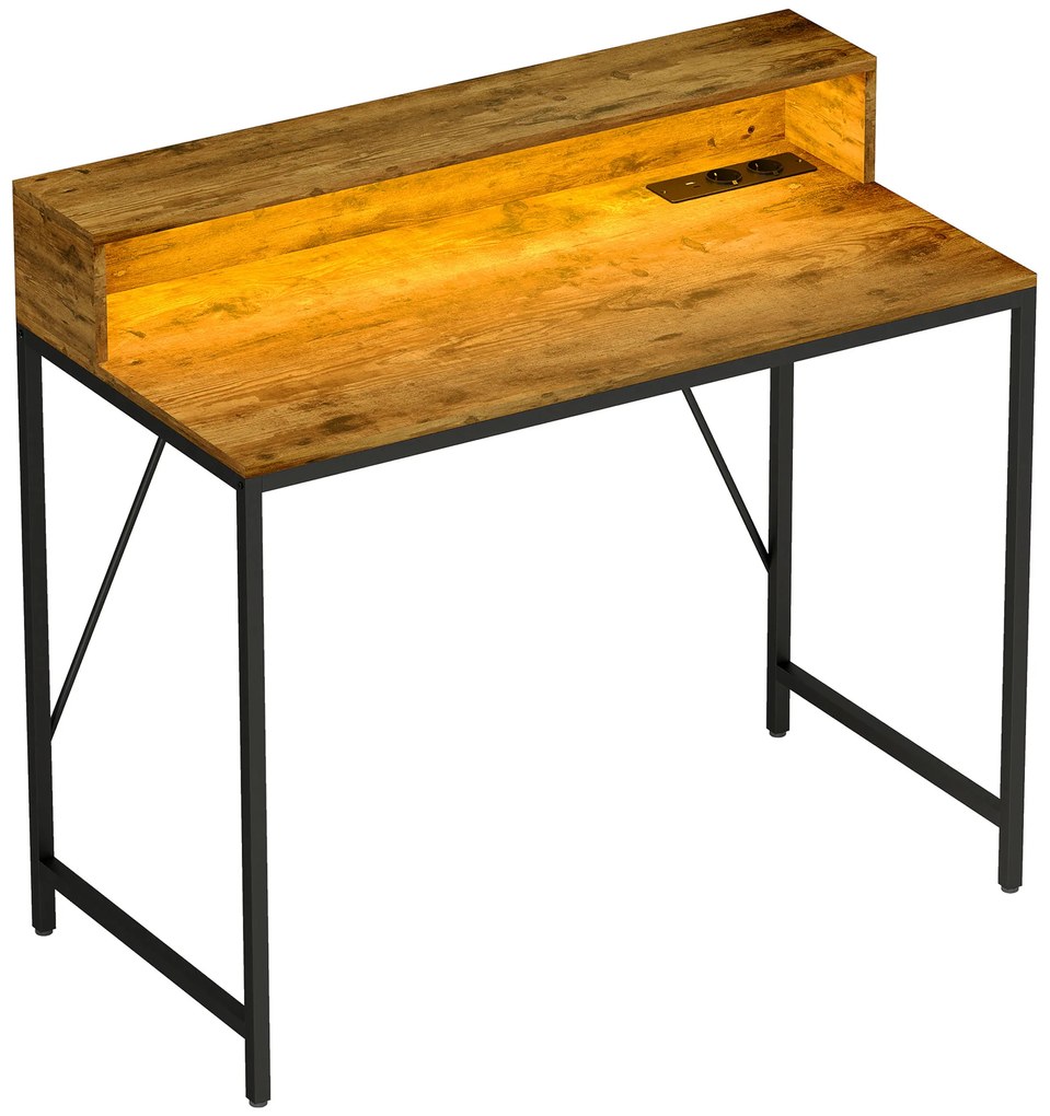 HOMCOM Secretária Estilo Industrial com Luzes LED Tomadas de Corrente Suporte para Monitor e Controlo Remoto 100x50x90,5 cm Marrom | Aosom Portugal