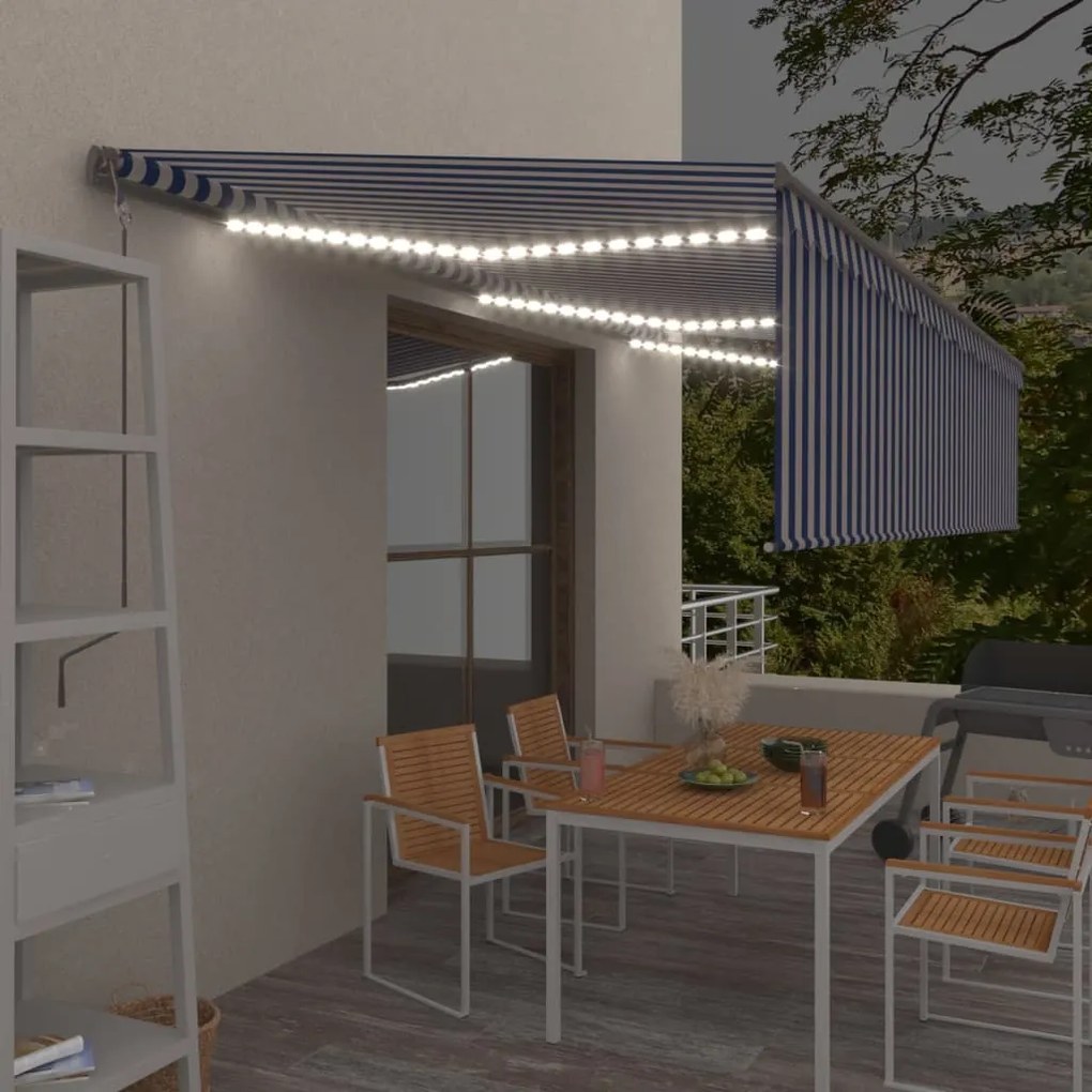 vidaXL Toldo automático c/ estore/LED/sensor de vento 6x3m azul/branco