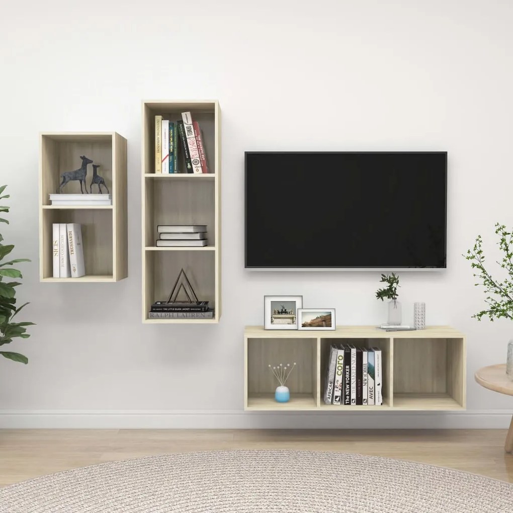 3 pcs conjunto móveis de TV derivados madeira carvalho sonoma