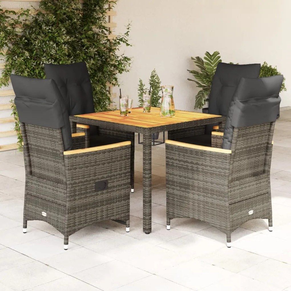 5 pcs conjunto de jantar p/ jardim c/ almofadões vime PE cinza