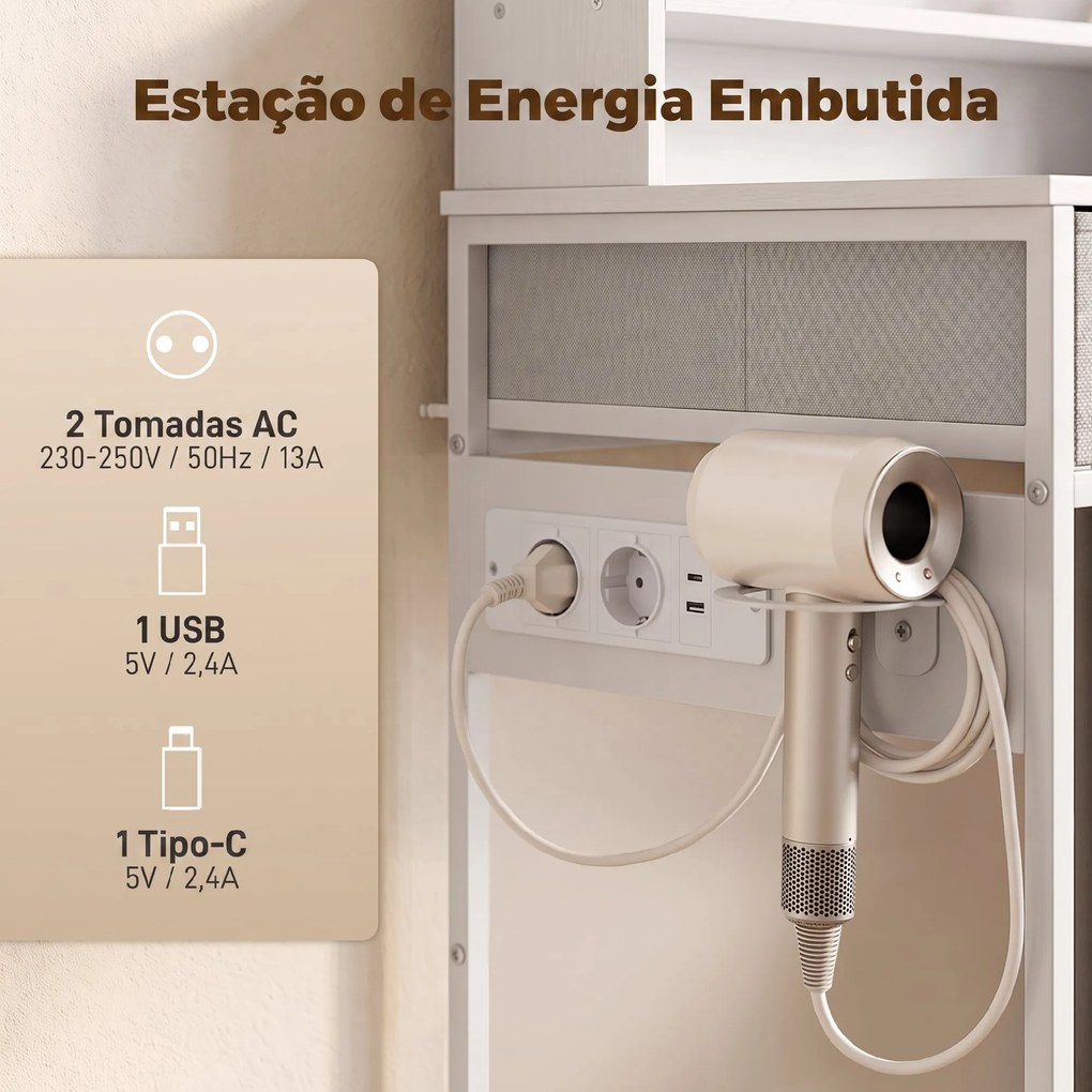 Penteadeira, toucador de Maquilhagem com Espelho LED 3 Tonalidades de Luz (BANCO NÃO INCLUIDO) Estação de Carregamento 4 Gavetas 5 Prateleiras Suporte