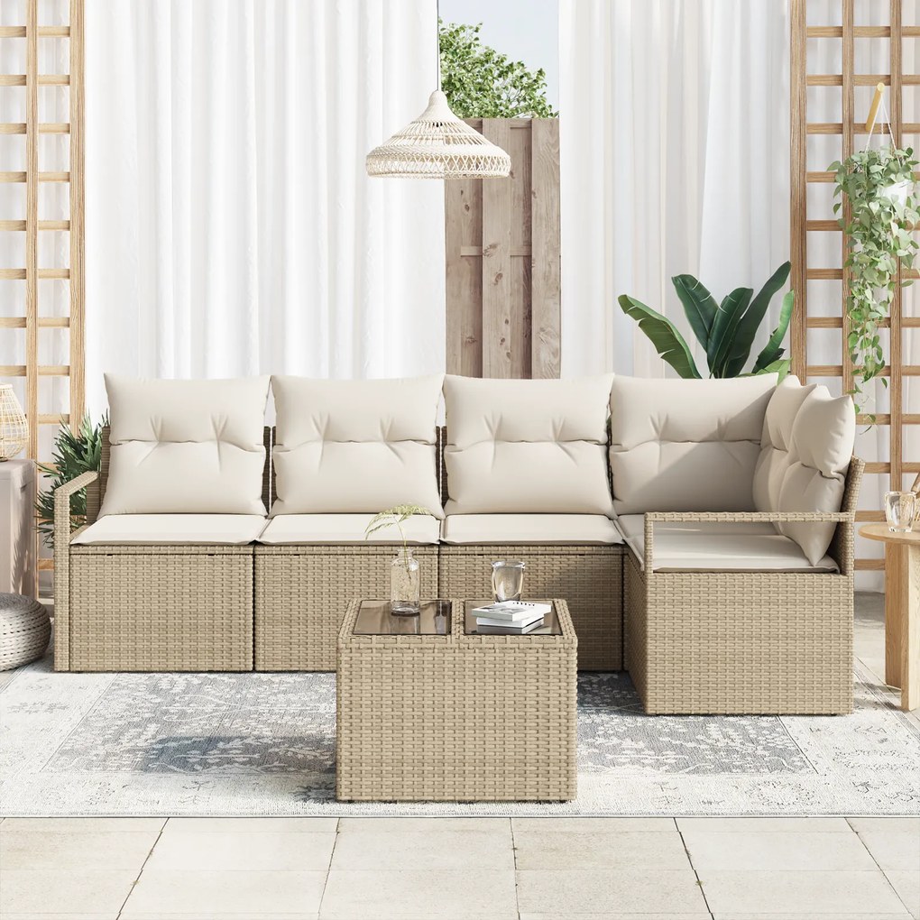 Conjunto de Sofá de Jardim 6 Peças com Almofadas de Rattan Poliéster M