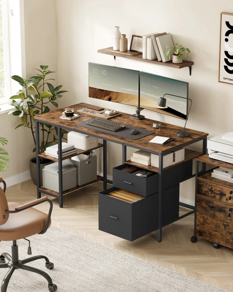 Escrivaninha de computador com prateleiras e gavetas | VASAGLE | 60 x 140 x 76 cm | marrom rústico e preto | LWD104B01.