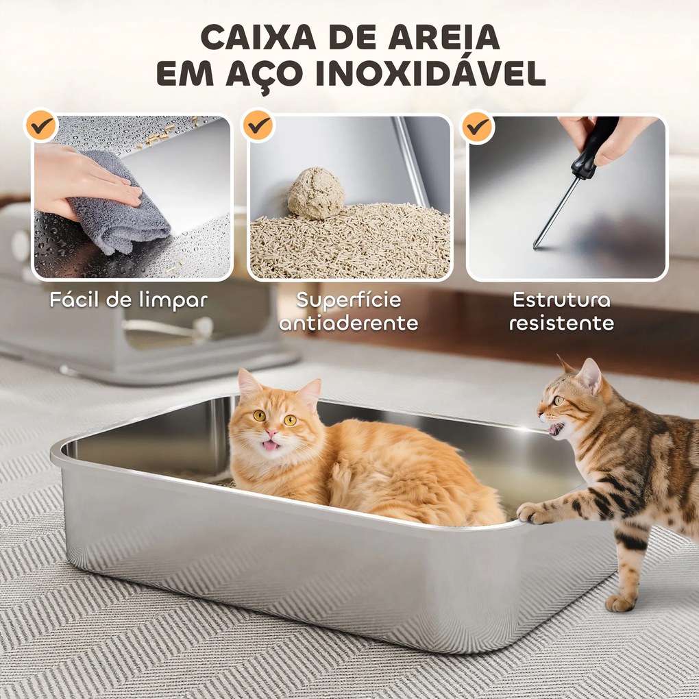 Caixa de Areia para Gatos em Aço Inoxidável para Gatos Grandes com Tampa Basculante Laterais Altas 70x50x46,5 cm Cinzento