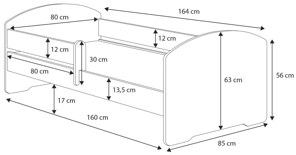 Cama infantil escavadora Luk 160x80 com gaveta branca - colchão e estrado incluído