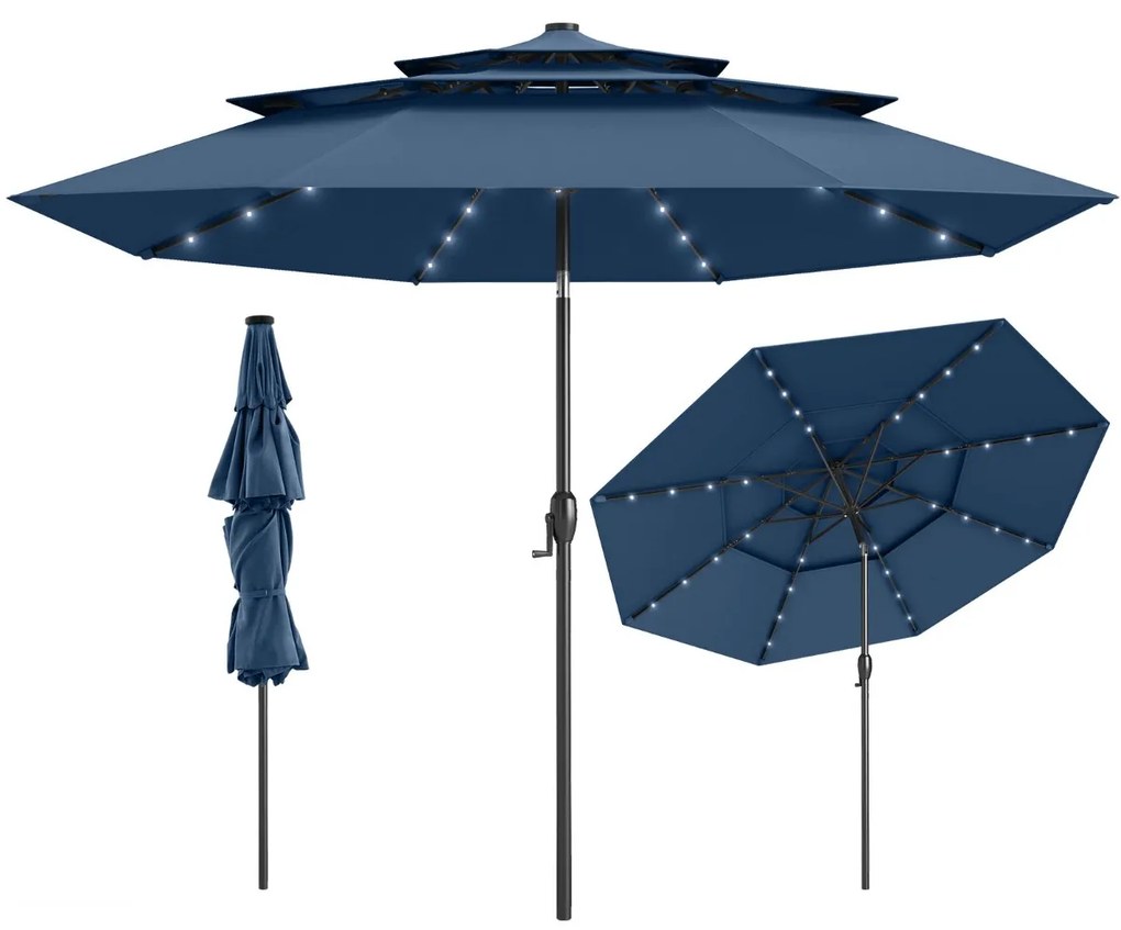 Guarda-sol Jardim de 313 cm com 32 luzes LED Teto ventilado de 3 níveis Ajuste de inclinação Azul Marinho