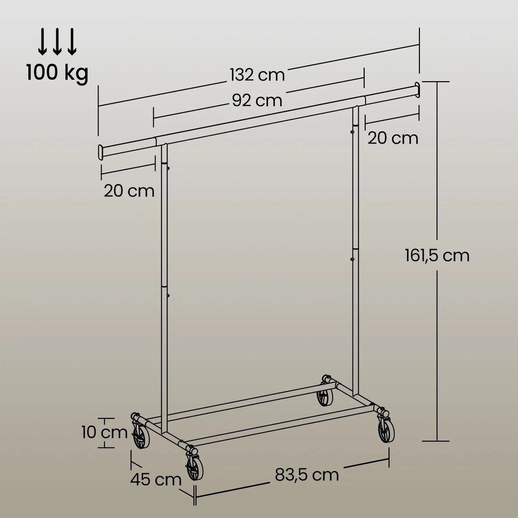 Guarda roupa com rodas varão extensível para roupa 45 x (92-132) x 161,5 cm Prata