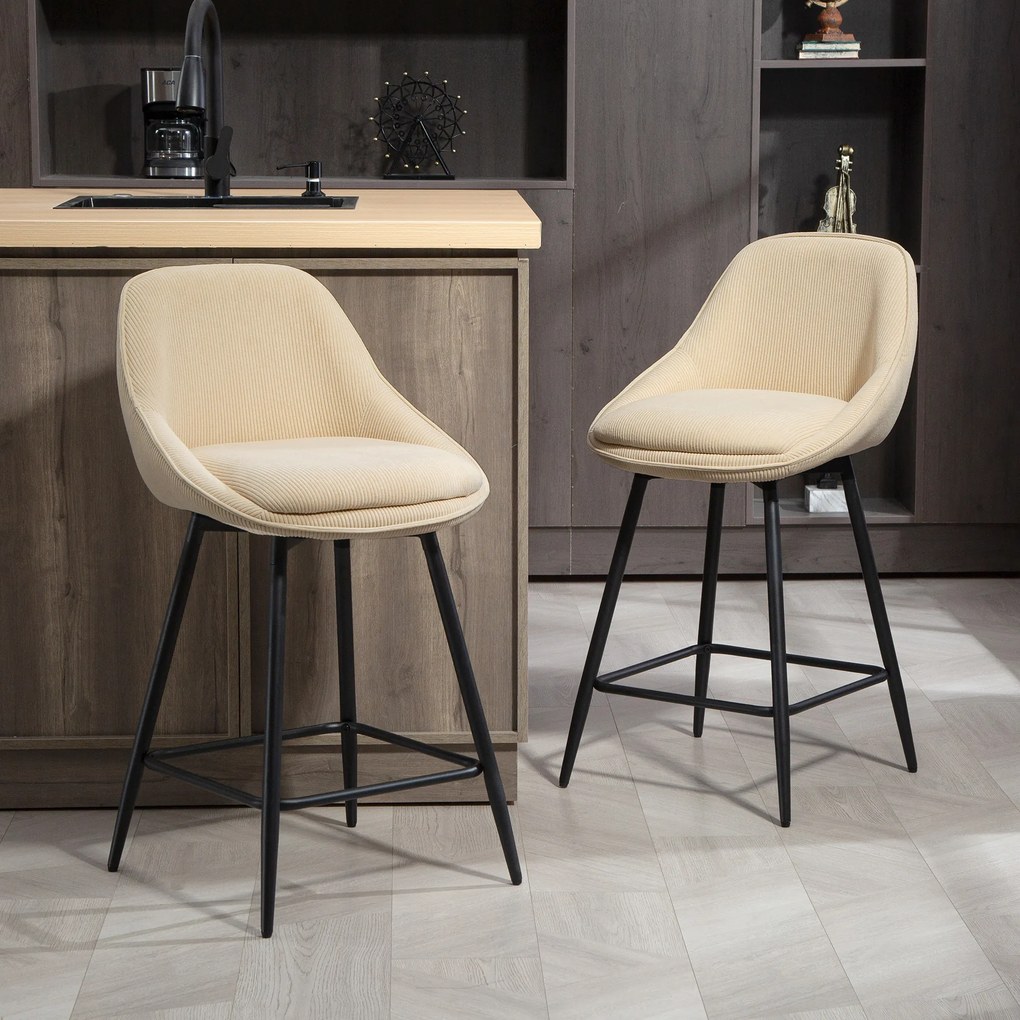 Conjunto de 2 bancos de bar em veludo canelado, bancos de bar com encosto curvo e apoio para os pés, 49 x 52 x 88 cm, bege