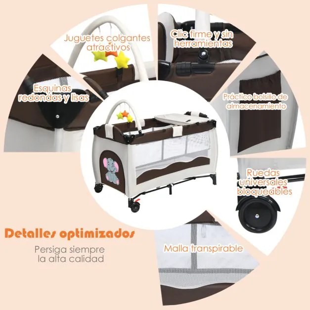 Berço bebés 3 em 1 com muda de roupa Centro de actividades dobrável e portátil Colchão Brinquedos para bebé  125 x 66 x 84 cm Castanho