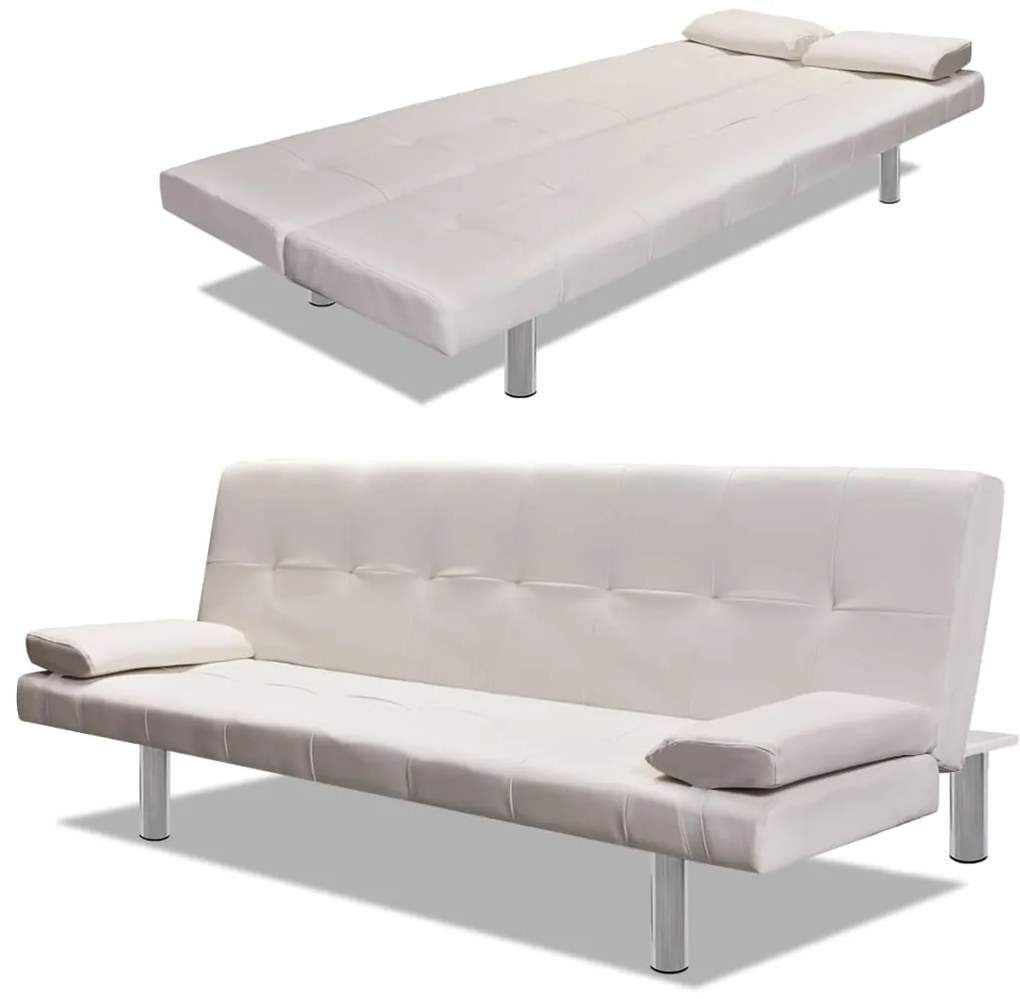 Sofá-cama ajustável c/ 2 almofadas couro artificial branco nata