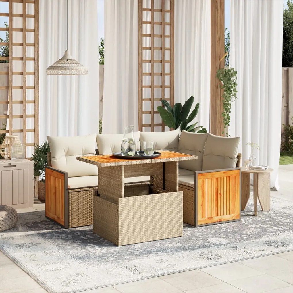 5 pcs conjunto de sofás p/ jardim com almofadões vime PE bege