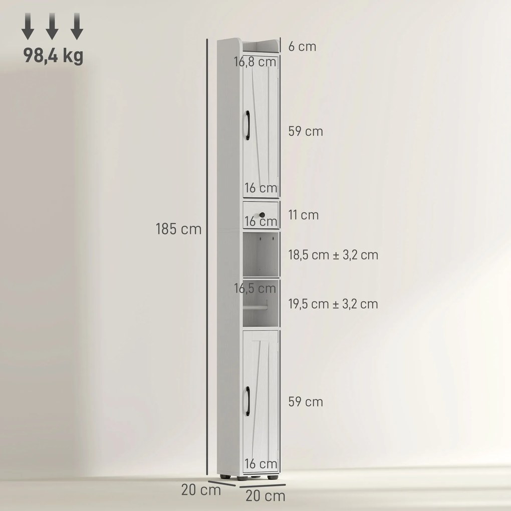 Coluna Casa de Banho com Compartimento Aberto Prateleiras Ajustáveis e Suporte para Papel Higiênico 20x20x185 cm Branco