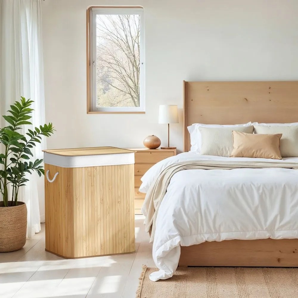 Cesto da roupa suja, com tampa de 95 L, em bambu 40 x 40 x 61 cm cor natural