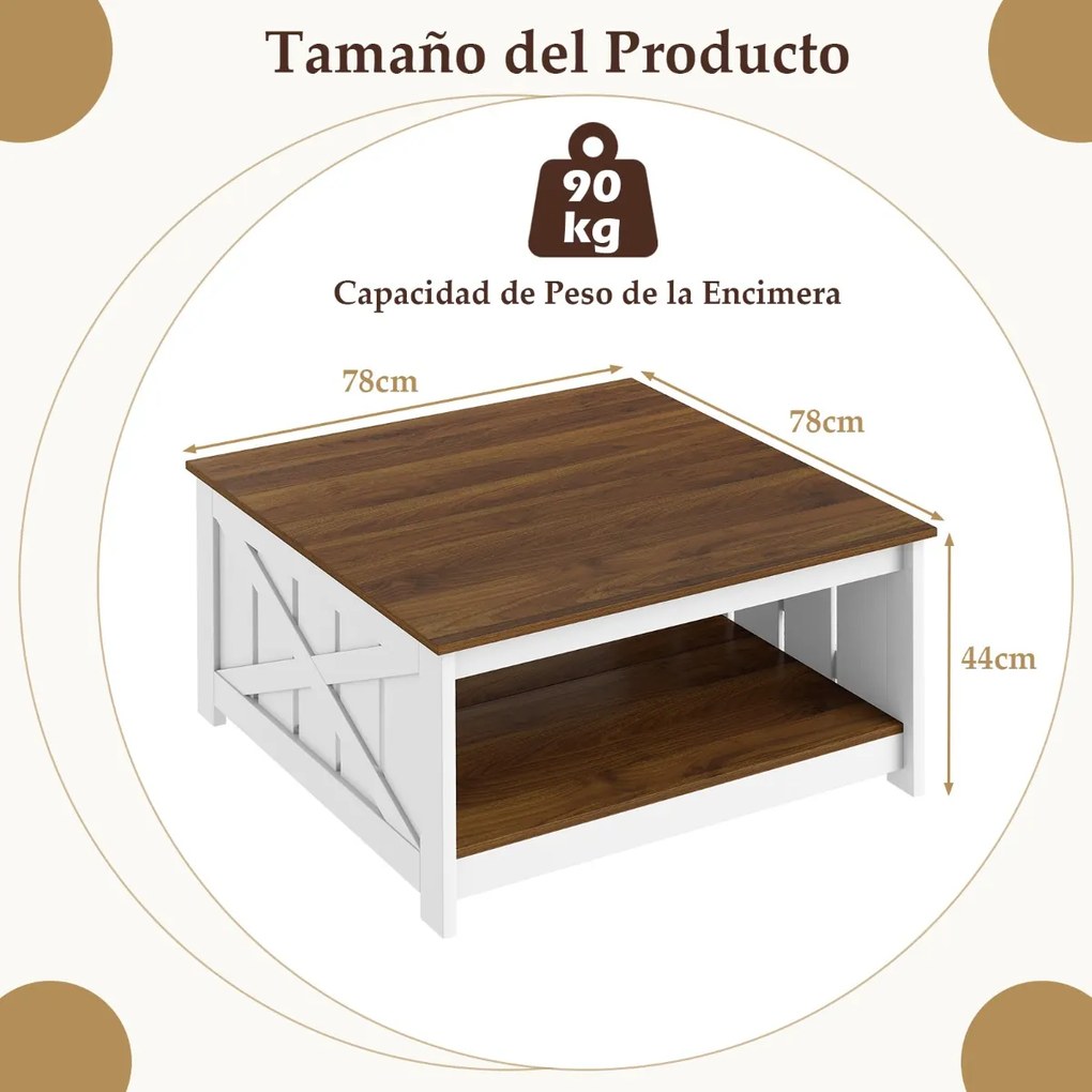 Mesa de centro de 2 níveis com prateleira de armazenamento aberta quadrada para cocktails estilo 78 x 78 x 44 cm Branca e castanha