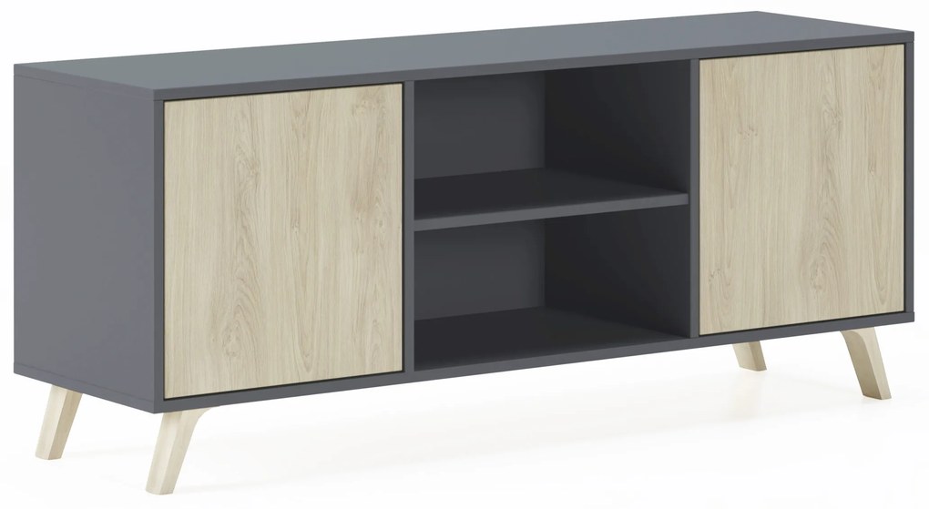 Móvel de TV 140 com 2 portas, sala de estar, modelo WIND, estrutura cor Antracite Grey, cor da porta Puccini, mede 140x40x57cm de altura.