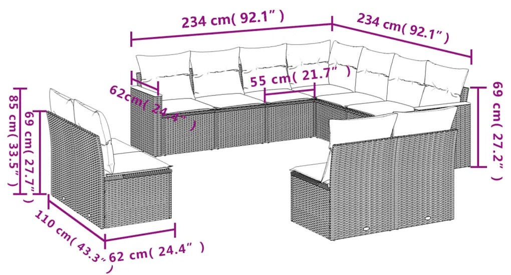 11 pcs conjunto sofás de jardim c/ almofadões vime PE preto