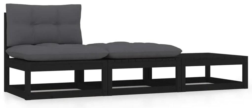 3pcs conjunto lounge de jardim c/ almofadões pinho maciço preto