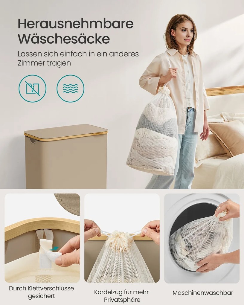 Cesto da roupa suja com dois compartimentos em tecido Oxford 52 x 38,5 x 70,5 cm castanho camelo