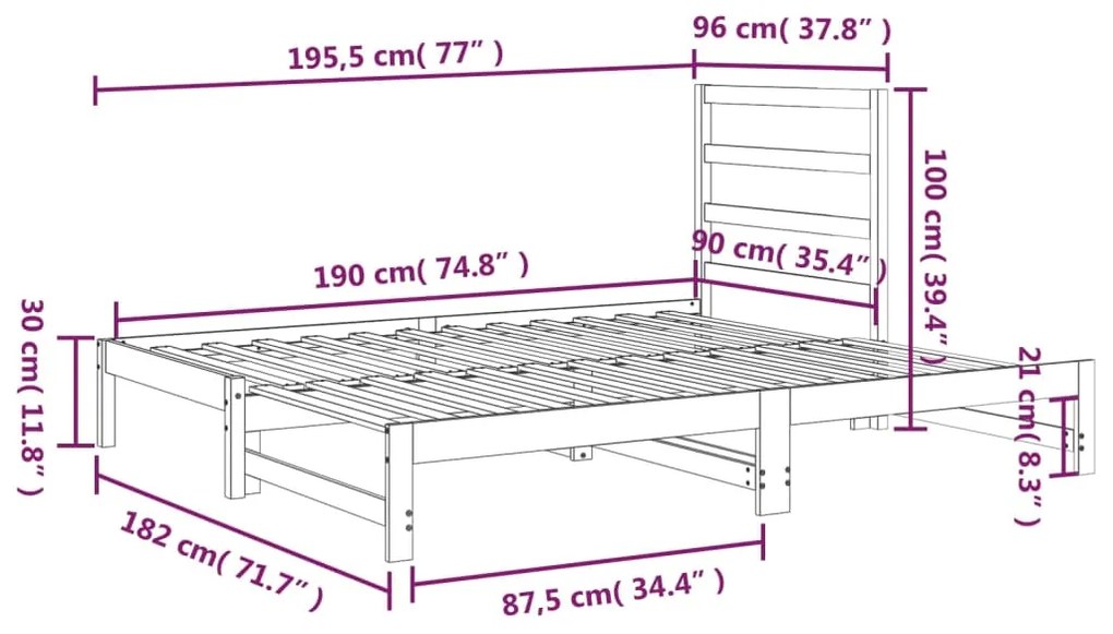 Estrutura sofá-cama de puxar 2x(90x190) cm pinho maciço branco