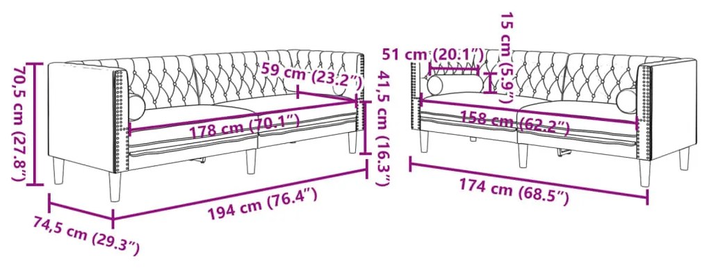 2 pcs conj. de sofás chesterfield com rolos veludo cinza-claro