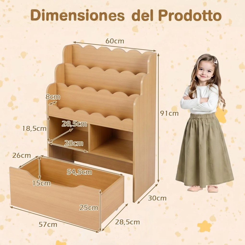 Estante Infantil para Brinquedos, 30 x 60 x 91 cm, Gaveta Removível com Rodas, Natural
