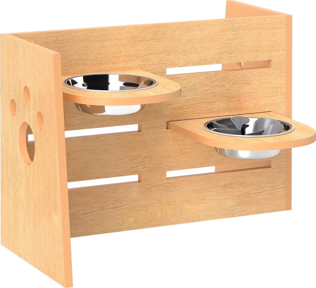 Comedouro elevado para cães com 3 alturas ajustáveis 63 x 58,5 x 40 cm, comedouro para cães com 2 tigelas em aço inoxidável, em cor carvalho