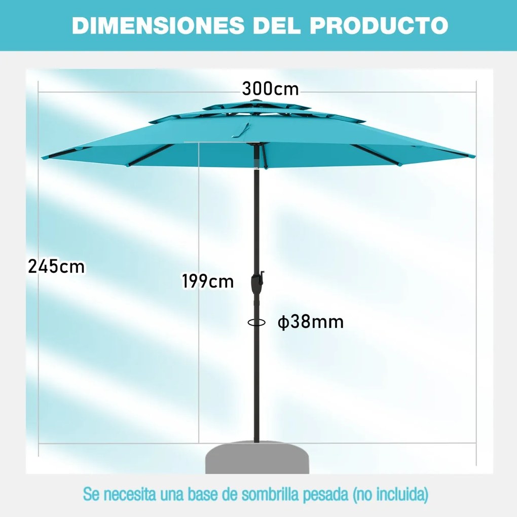 Guarda-sol ventilado de 3 níveis com botão de inclinação, manivela, 8 varas resistentes, 300 x 300 x 245 cm, turquesa