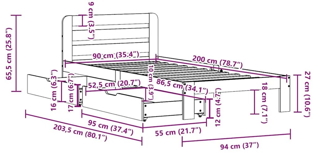 Cama sem colchão 90x200 cm madeira de pinho maciça branco