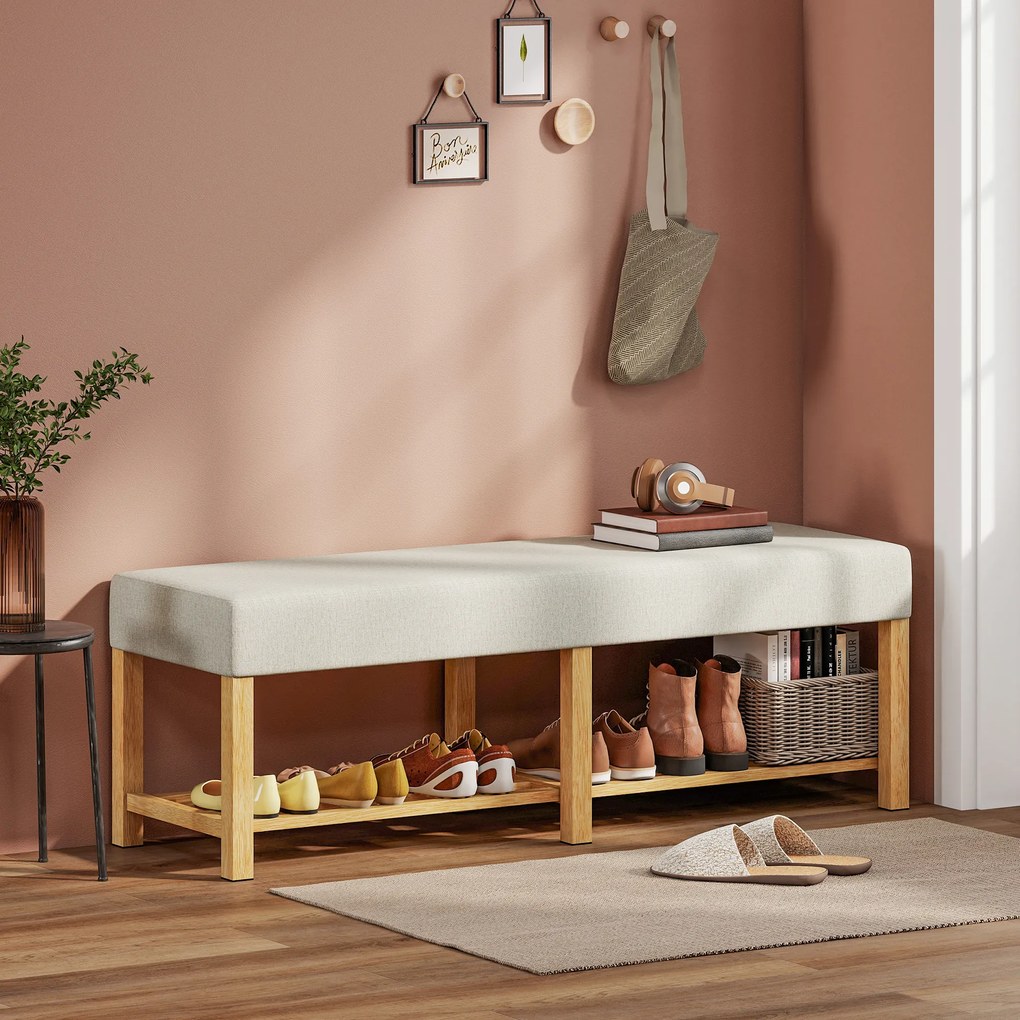 Banco Sapateira com Assento Acolchoado para 2 Pessoas Prateleira Aberta Estrutura de Madeira 140x44x48 cm Creme e Madeira