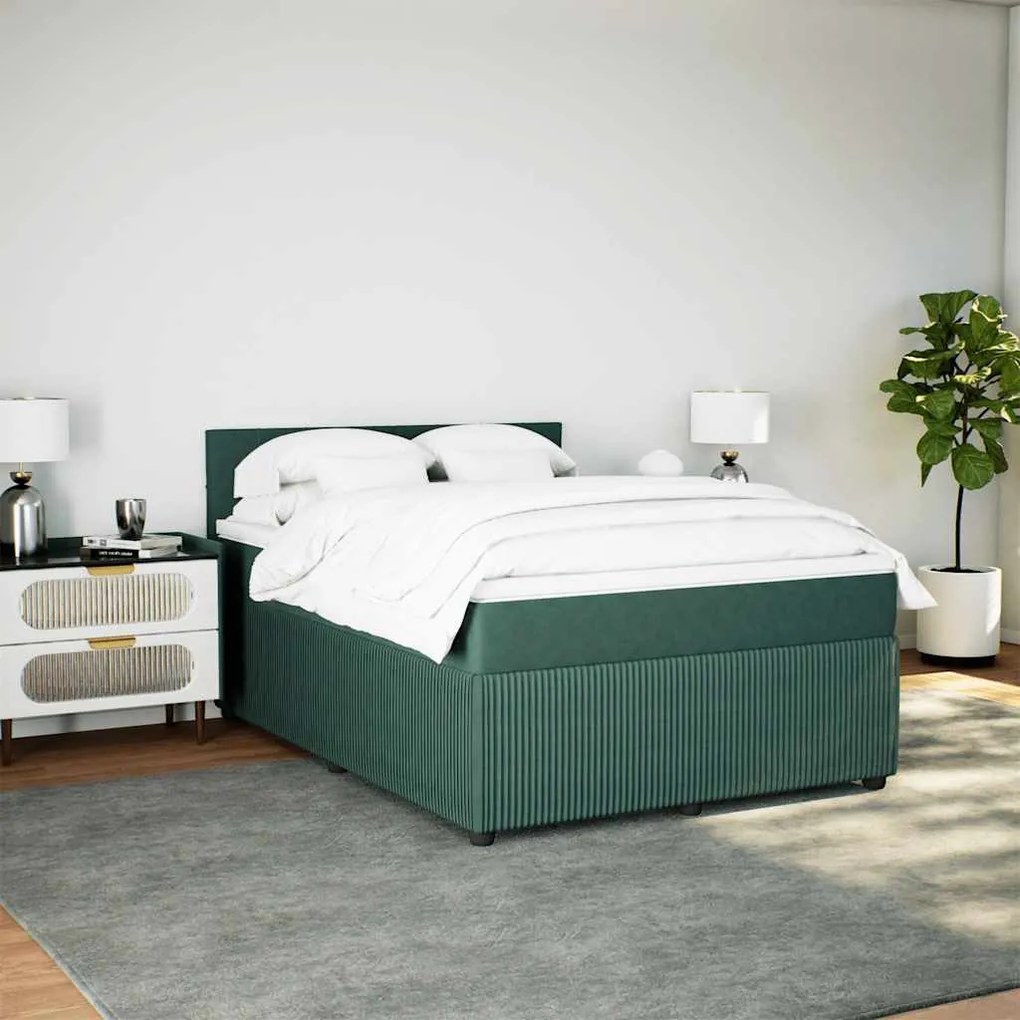 Cama com molas/colchão 160x200 cm veludo verde-escuro