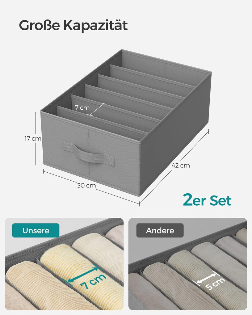 Conjunto de 2 caixas Organizador de roupeiro 6 compartimentos 42 x 30 x 17 cm Cinzento