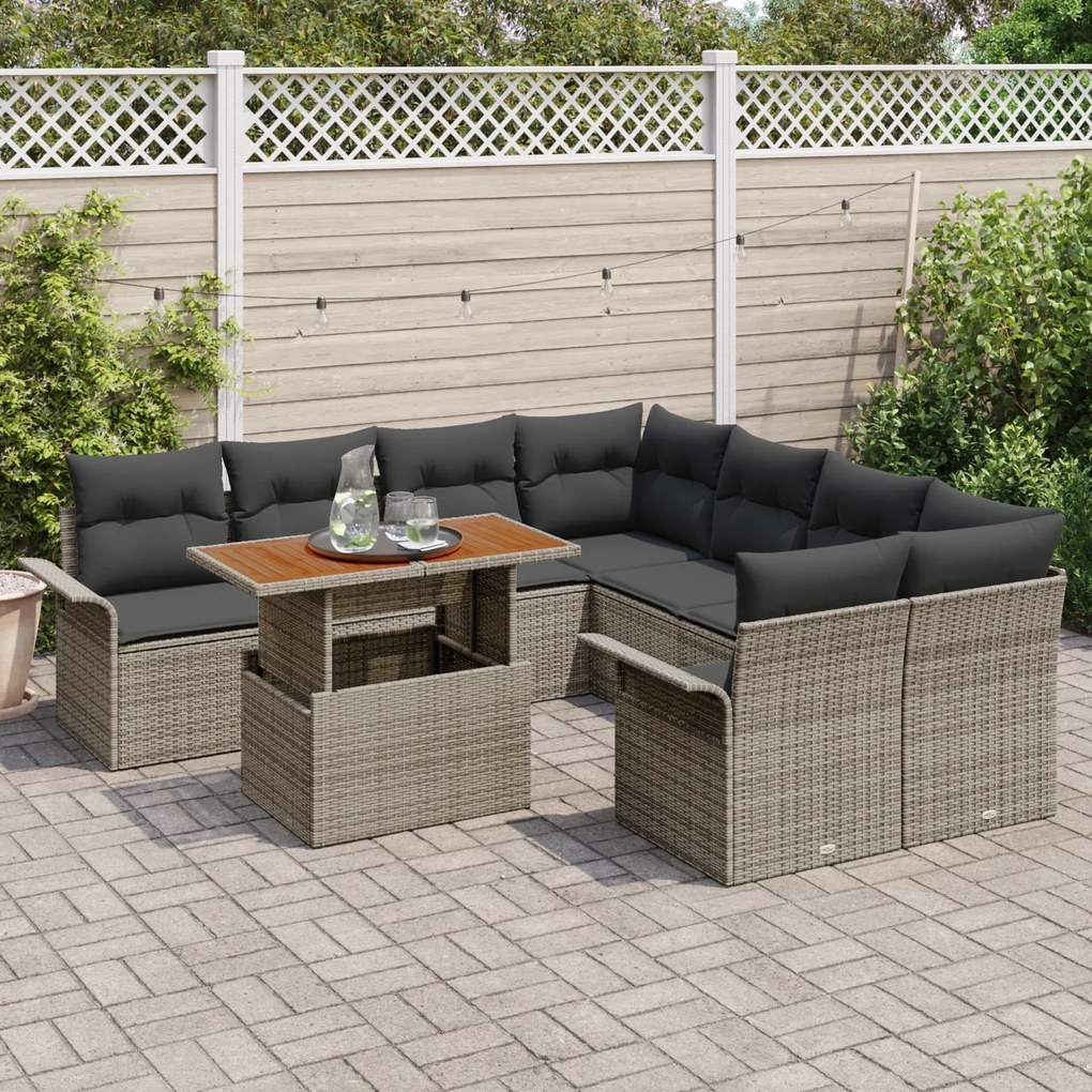 Conjunto de Sofás de Jardim de 9 Peças com Almofadas Vime Poliratã Cin