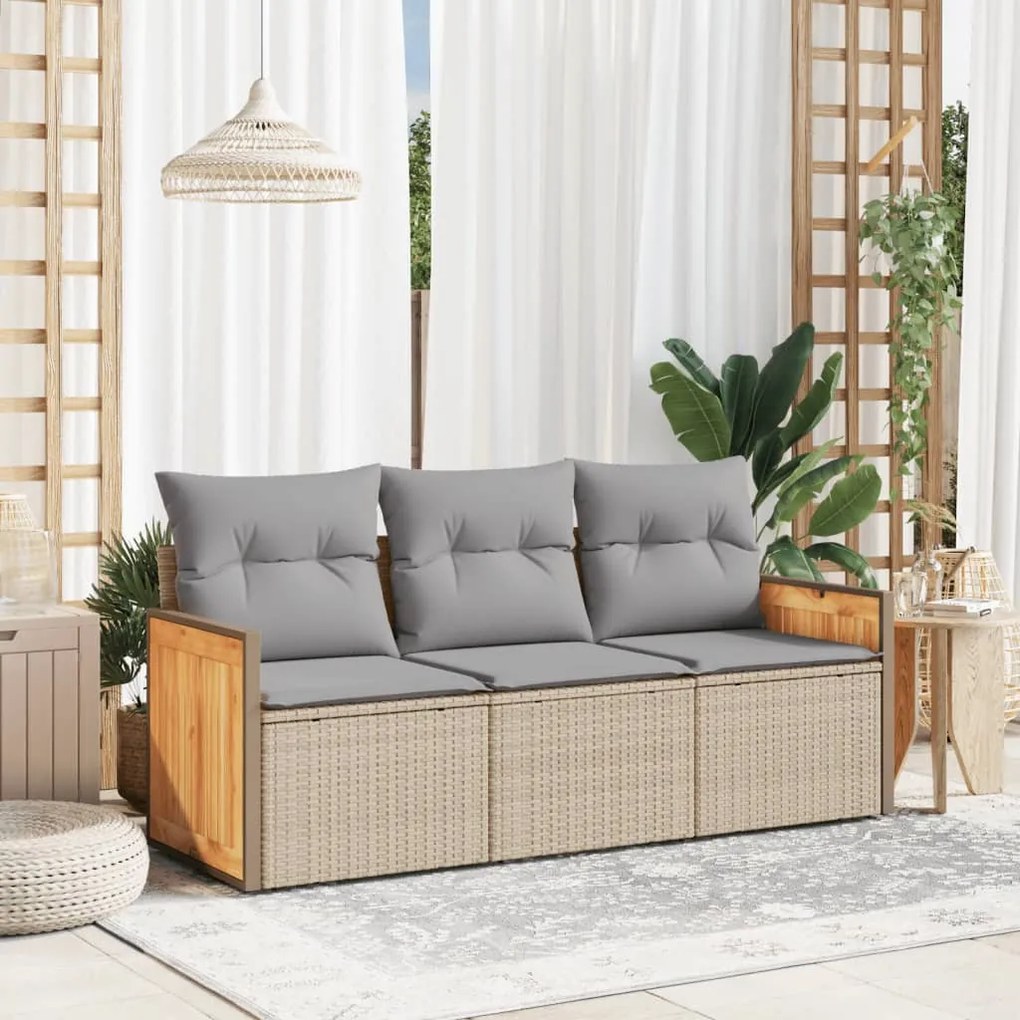 vidaXL 3 pcs conjunto de sofás p/ jardim com almofadões vime PE bege