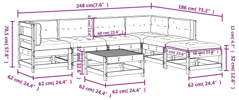 7 pcs conj. lounge jardim com almofadões madeira douglas maciça