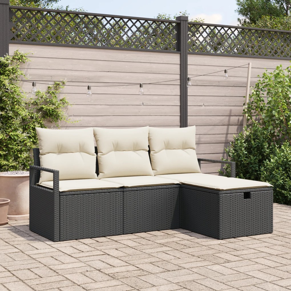 Conjunto de Sofá de Jardim vidaXL de 4 Peças com Almofadas Preto Ratta