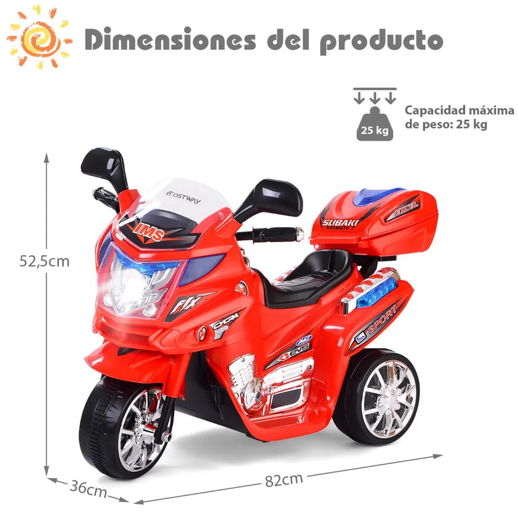 Mota de passeio para crianças Moto elétrica 6 V Brinquedo com 3 Rodas Música embutida Focos para frente e para trás vermelho