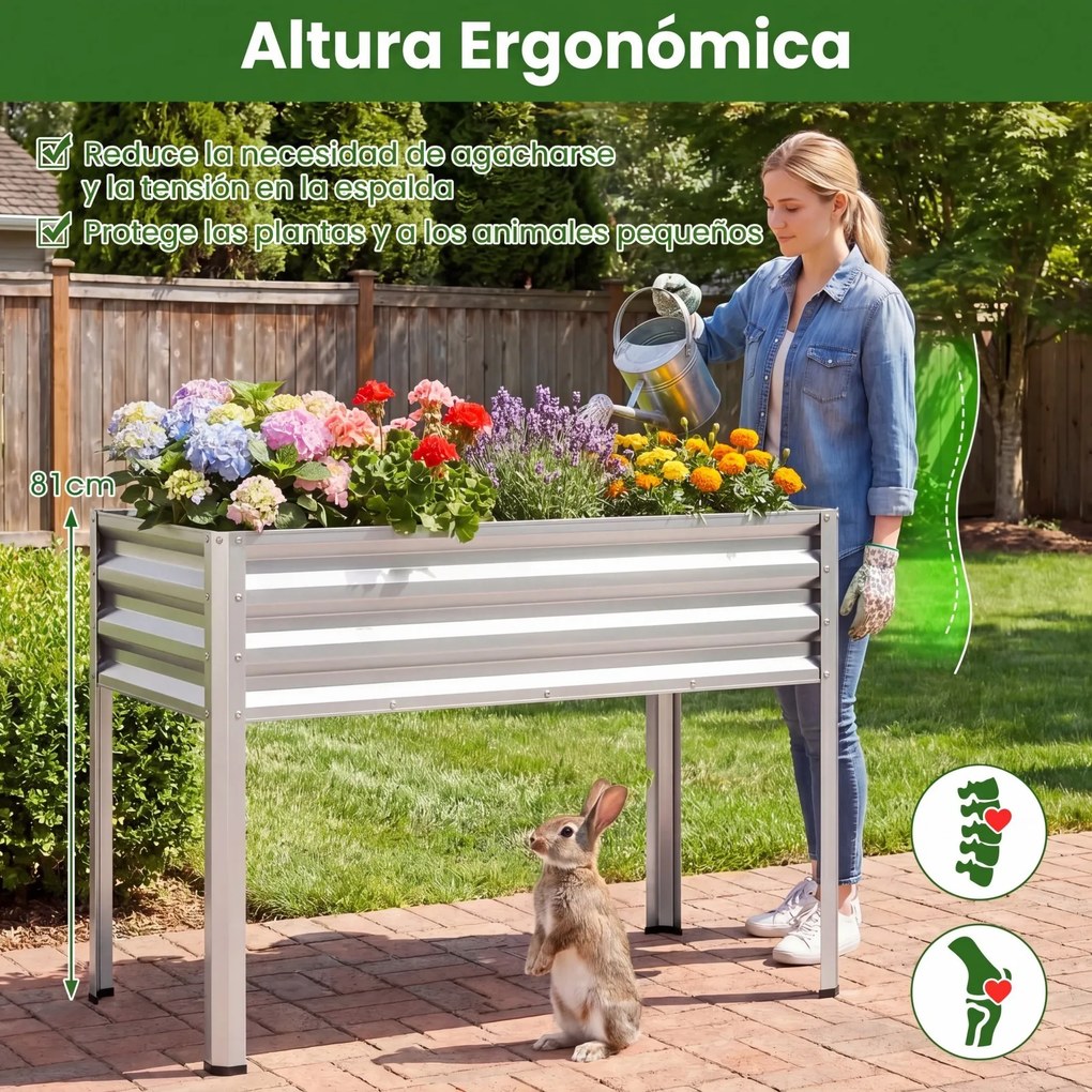 Floreira Elevada de Metal 112 x 55 x 81 cm com Revestimento Eletroforético e Drenagem para Legumes, Flores e Frutas - Prateada