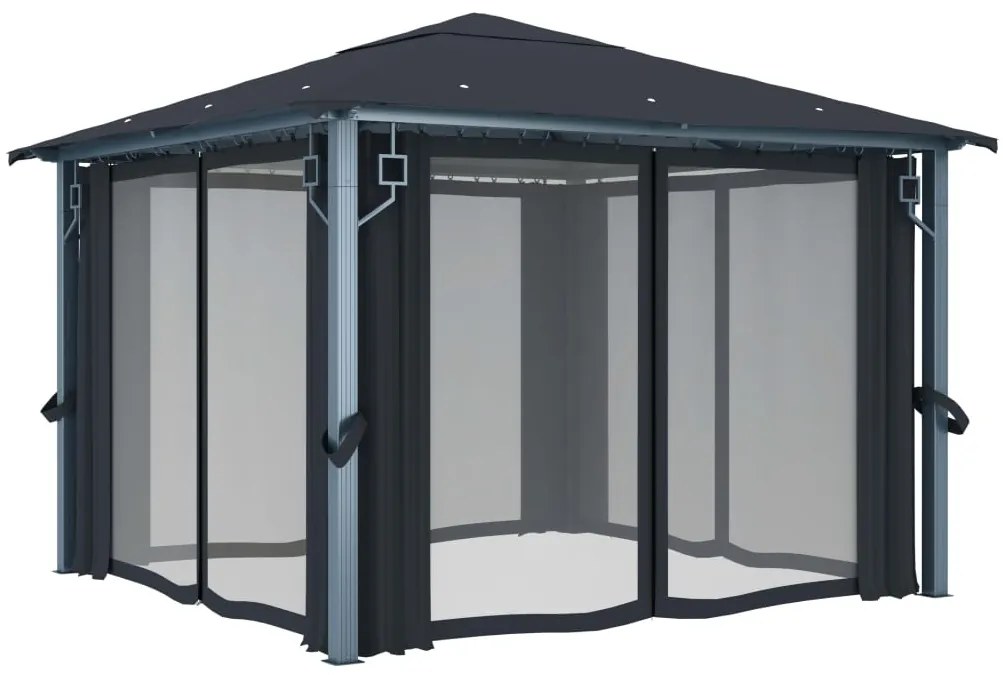 Gazebo c/ cortinas e cordões luzes LED 3x3 m alumínio antracite