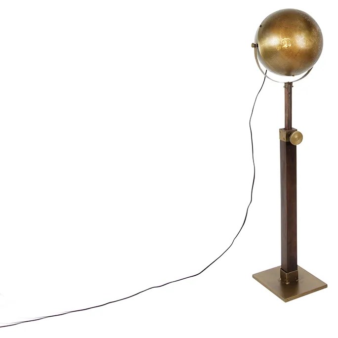Candeeiro de pé industrial bronze com madeira ajustável - Haicha Industrial