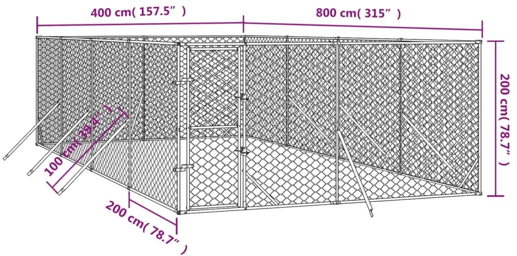 Canil de exterior 4x8x2 m aço galvanizado prateado