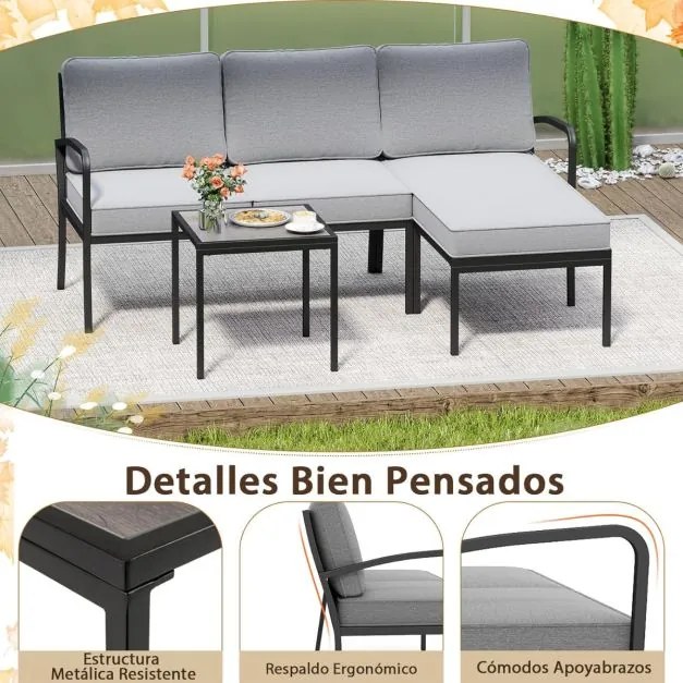 Conjunto de sofá de canto para jardim de 3 peças Sofá em forma de L com mesa de café Estrutura metálica e assento em malha acolchoada Cinza, Preto