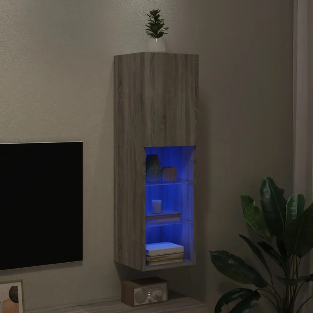 Móvel de TV com luzes LED 30,5x30x102 cm cinzento sonoma