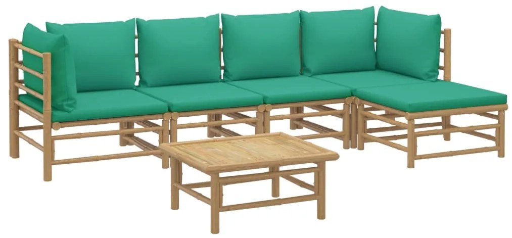 6 pcs conjunto lounge de jardim bambu c/ almofadões verdes