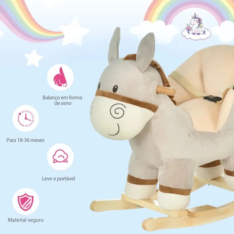 Baloiço Infantil em Forma de Burro de Pelúcia para Bebés 18-36 Meses c