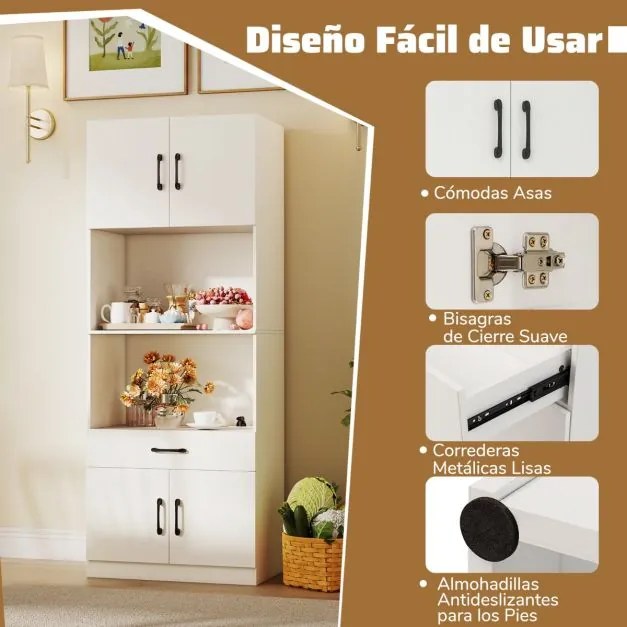 Armário de cozinha 65 x 38 x 168 cm com 4 portas e gaveta, estação de carregamento incorporada para sala de estar/jantar branco