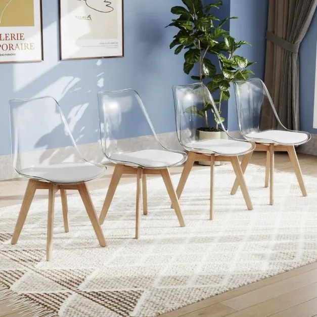Conjunto de 4 cadeiras de jantar modernas (MESA NÃO INCLUIDA) sem braços com encosto Pernas em madeira de faia Almofada macia branca, cadeiras transpa